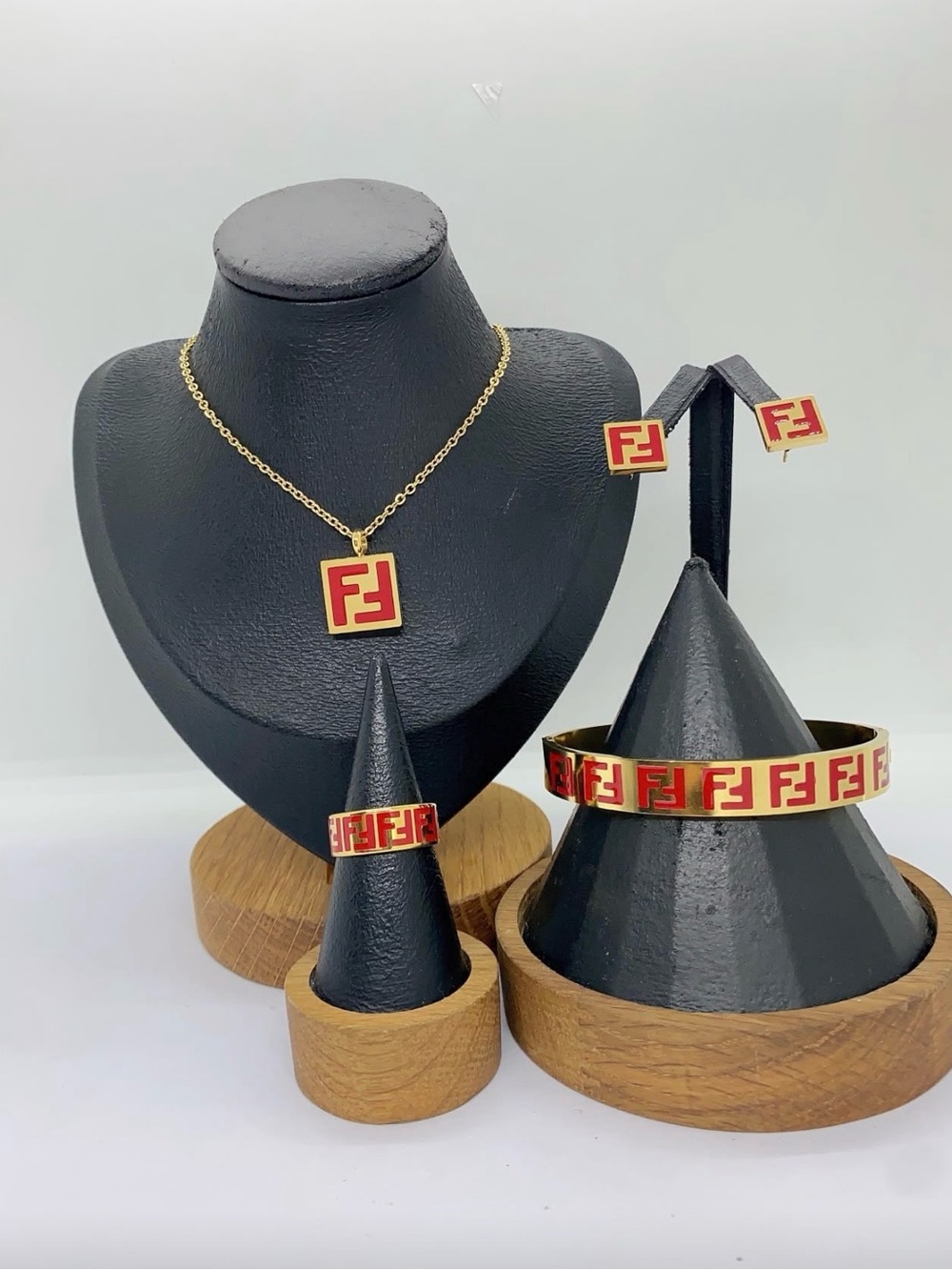 Fashion Jewelry Red and Gold Logo Necklace & Matching Set